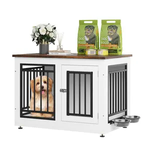 YITAHOME Dog Crate Furniture, Wooden Dog Crate End Table for Small Dogs up to 30 lbs, Indoor Double Door Dog Crate with Adjustable Feet and Removable Bowls