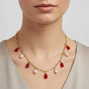 Handmade natural pearl and pomegranate necklace