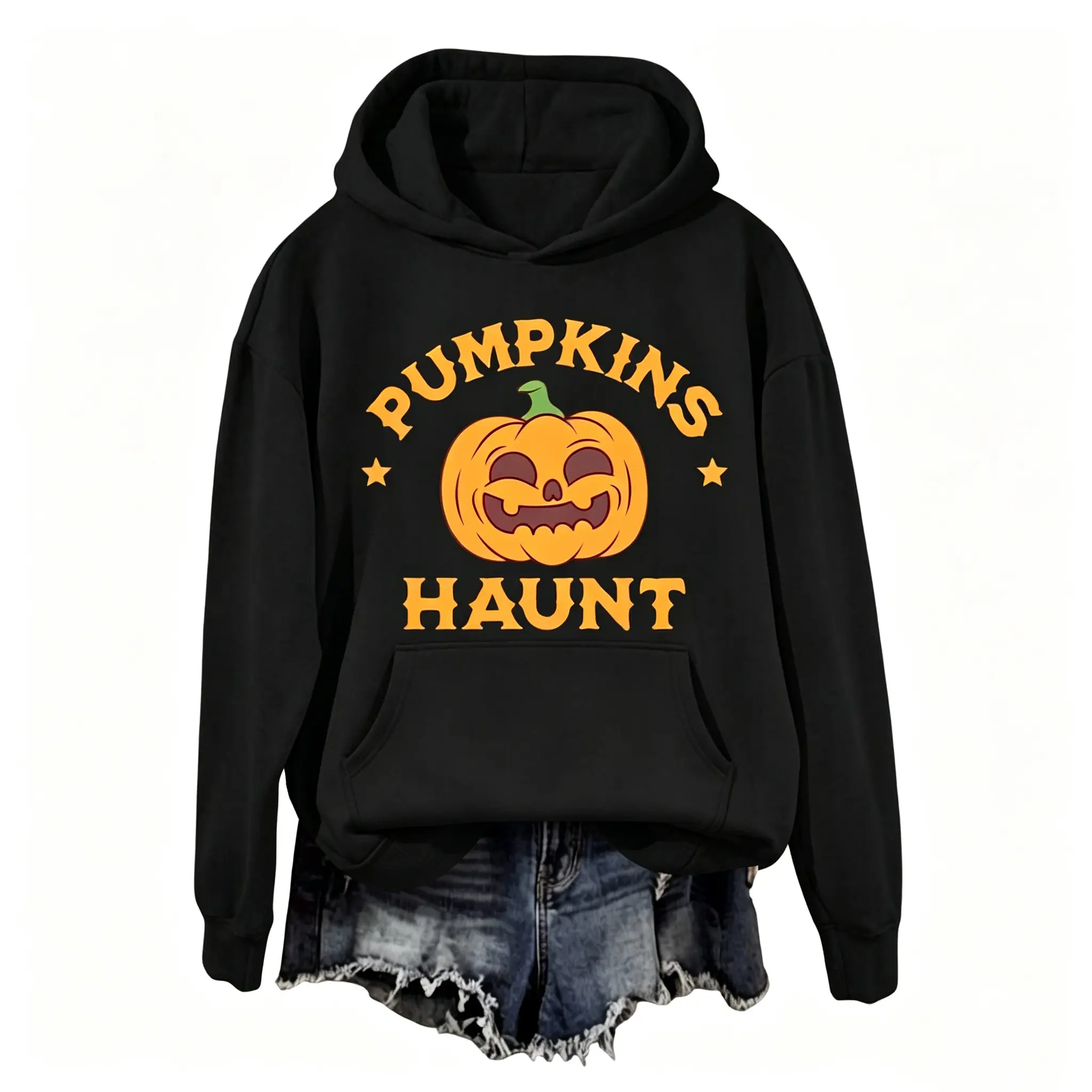 Pumpkins Haunt Halloween Hoodie Cute Smiling Pumpkin Graphic Unisex Fall Hooded Sweatshirt Autumn Season Pullover Hoodie Cartoon Jack O Lantern Letter Print Casual Long Sleeve Top