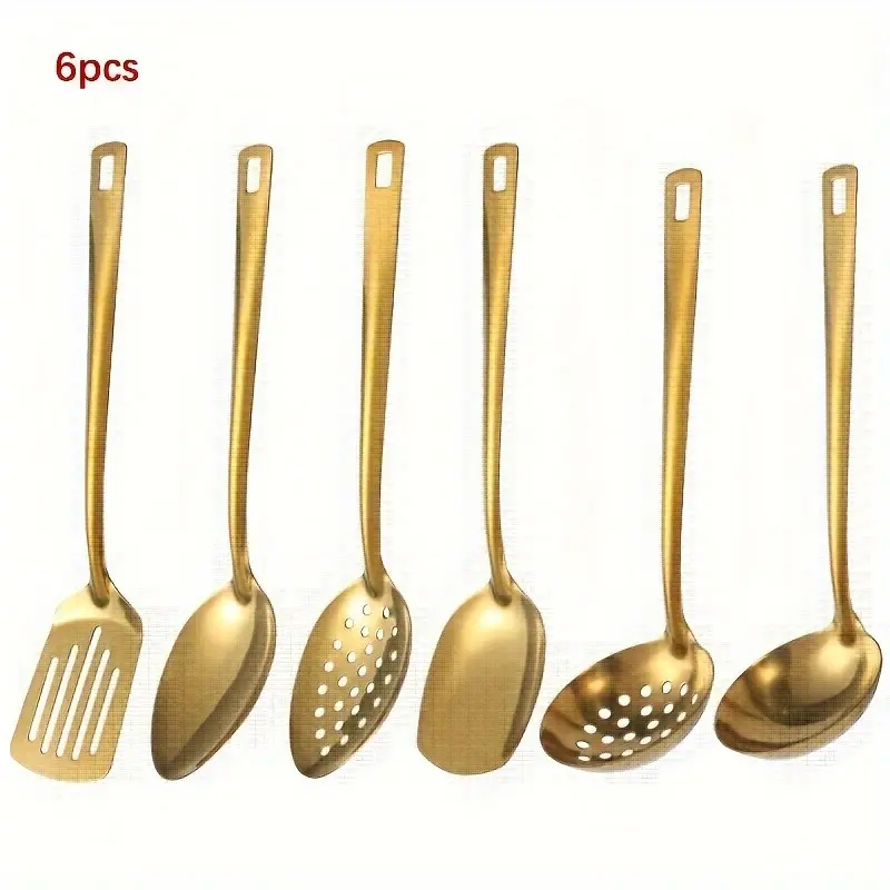 Robert Welsh 6-Piece Korean-Style Gold-Plated Stainless Steel Camp Kitchen Utensil Set - Cutlery, Tableware Including Cooking Spoon, Slotted Turner, Strainer Ladle, Serving Tongs - Stylish Luxury Christmas Camping Gift