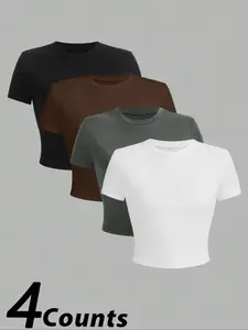 Women's Summer Tight-Fit Short Sleeve T-Shirt Set, Casual Basic Round Neck Tops, Lady Comfortable Daily Wear, Available in Multiple Colors, Breathable
