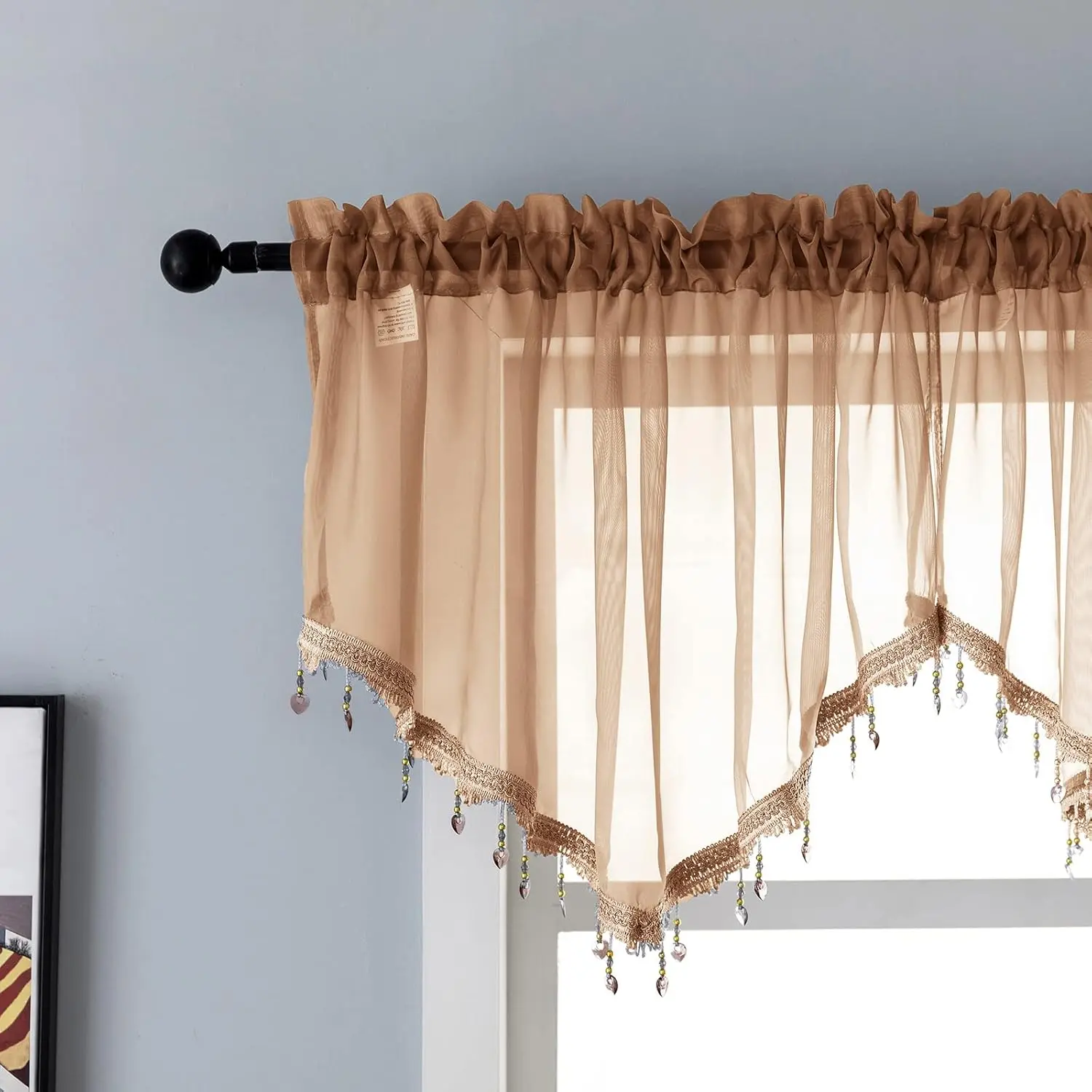 Beaded Sheer Valance Curtains for Living Room,Rod Pocket Farmhouse Window Valance, Bead Trim Tassel Voile Sheer Curtain Valance for Bedroom Bathroom Cafe 51x24 Inches (Brown) 1 count