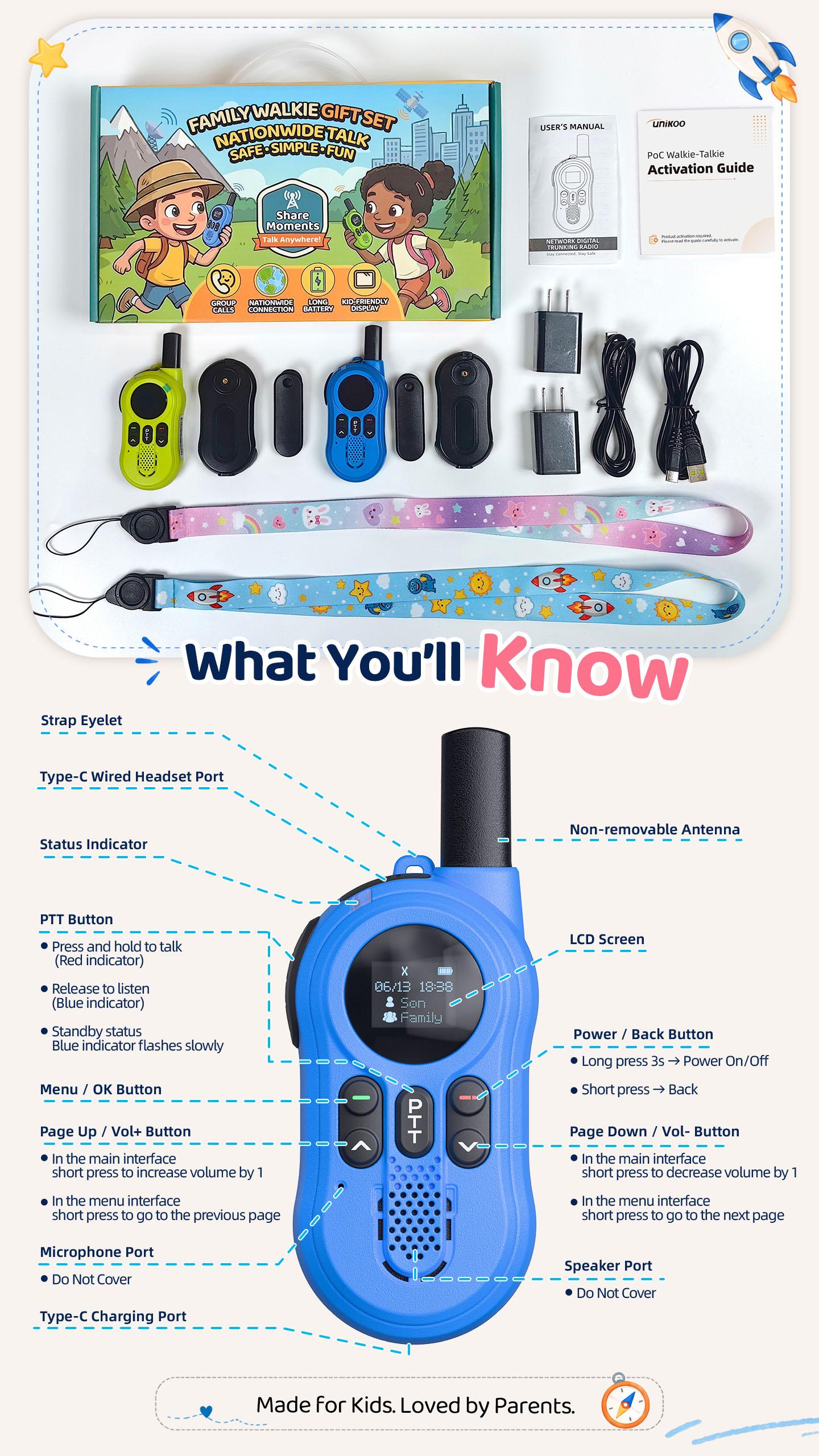 UNIKOO N200 4G Sim-Based Kids Walkie Talkie (Ages 6-12) - US Nationwide Coverage, 10-Year Free Data, No Monthly Fee, 1-Button Push-To-Talk, Anti-Interference, Shockproof, Rechargeable for Outdoor Play, School Commute