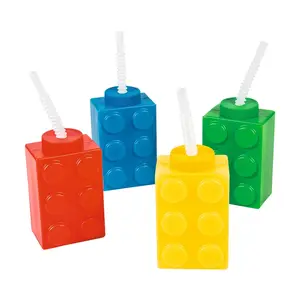 16 oz. Building Block Party Reusable Plastic Cups with Lids & Straws – 8 Ct.