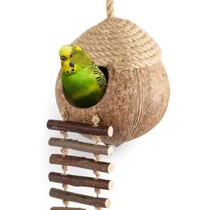 【SummerVibes】Coconut Bird Nest Hut with Ladder for Parrots Parakeet Conures Cockatiel - Small Animals House Pet Cage Habitats Decor