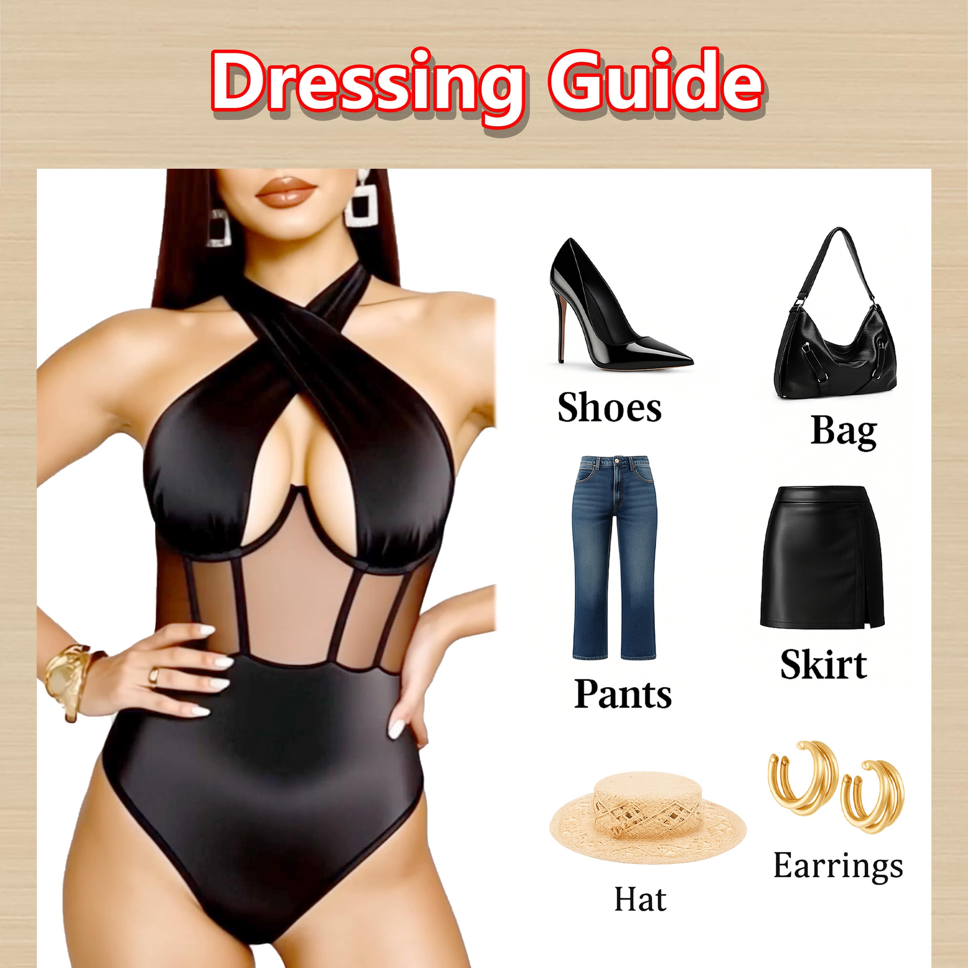 GBELLA Women's Bodysuit, Sexy Crossover Neckline Mesh Slim Fit Comfortable and Stretchy, Underwear Womenswear Top Clothes, Perfect for Vacation Holiday Gifts Beach and Summer Must-Have Outfits