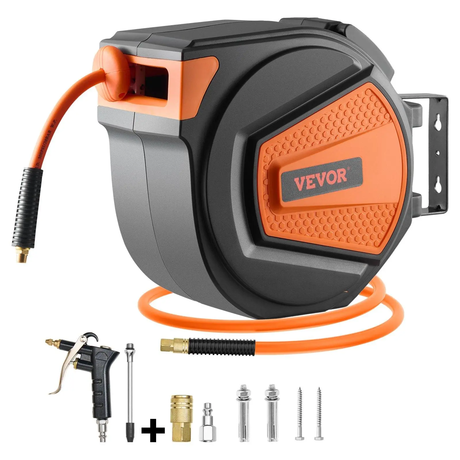 【Backtoschool】VEVOR Upgraded Retractable Air Hose Reel, 3/8IN x 65FT Hybrid Air Hose Max 300PSI, Air Compressor Hose Reel Auto-Rewind with 6.6 FT Lead in, Ceiling/Wall Mount Enclosed PP Reel & Built-in 180° Swivel Bracket
