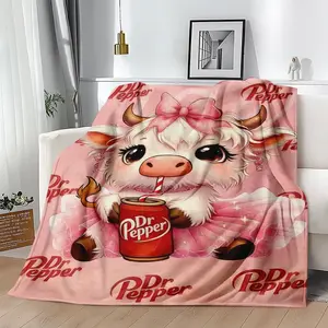 Dr Pepper Cartoon Cute Pink Bow Highland Cow Pattern Blanket Soft Warm Throw for Home Office Travel Camping Gifts Cozy Lightweight High-280GSM