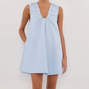 Women's V Neck Tank Dress Sleeveless Solid Color Loose Beach Dresses with Pocket