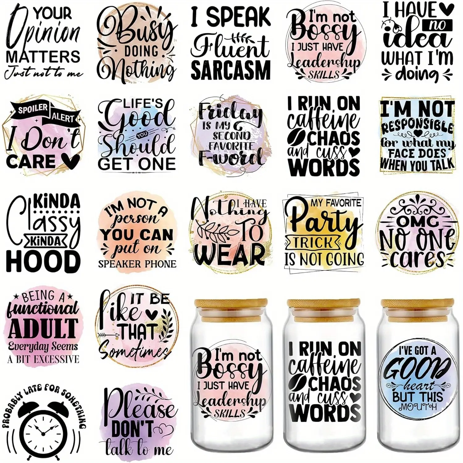 UV DTF Cup Stickers, 20 Humorous Quotes for Coffee Cups, Funny UV DTF Transfers, Fits 16 Oz Glass DIY Water Bottles, Decorative Craft Stickers, Sticker Packs