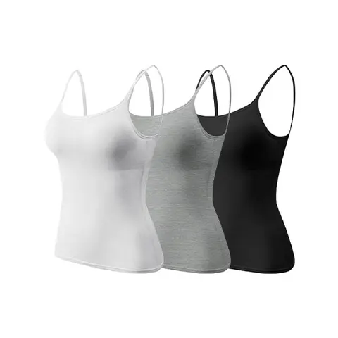 Women's 3-Piece Seamless Essential Tanks & Camis - Sleeveless, Backless, Built-in Bra, Adjustable Straps, Solid, 95% Rayon 5% Spandex, Minimalist Short Fit, A-Type, Casual Fitted Spaghetti Strap Built-in Padding Tops for Spring Summer Layering, Casual Wom