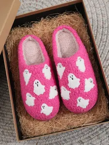 Cute Ghost Embroidery Plush House Slippers, Halloween Print Indoor Shoes, Soft Comfortable Unisex Bedroom Slippers, Perfect Gift Idea