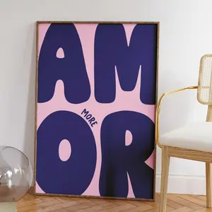 More Amor Poster | Navy Blue & Pink Preppy Girly Typography Wall Art, Bedroom & Dorm Decor O