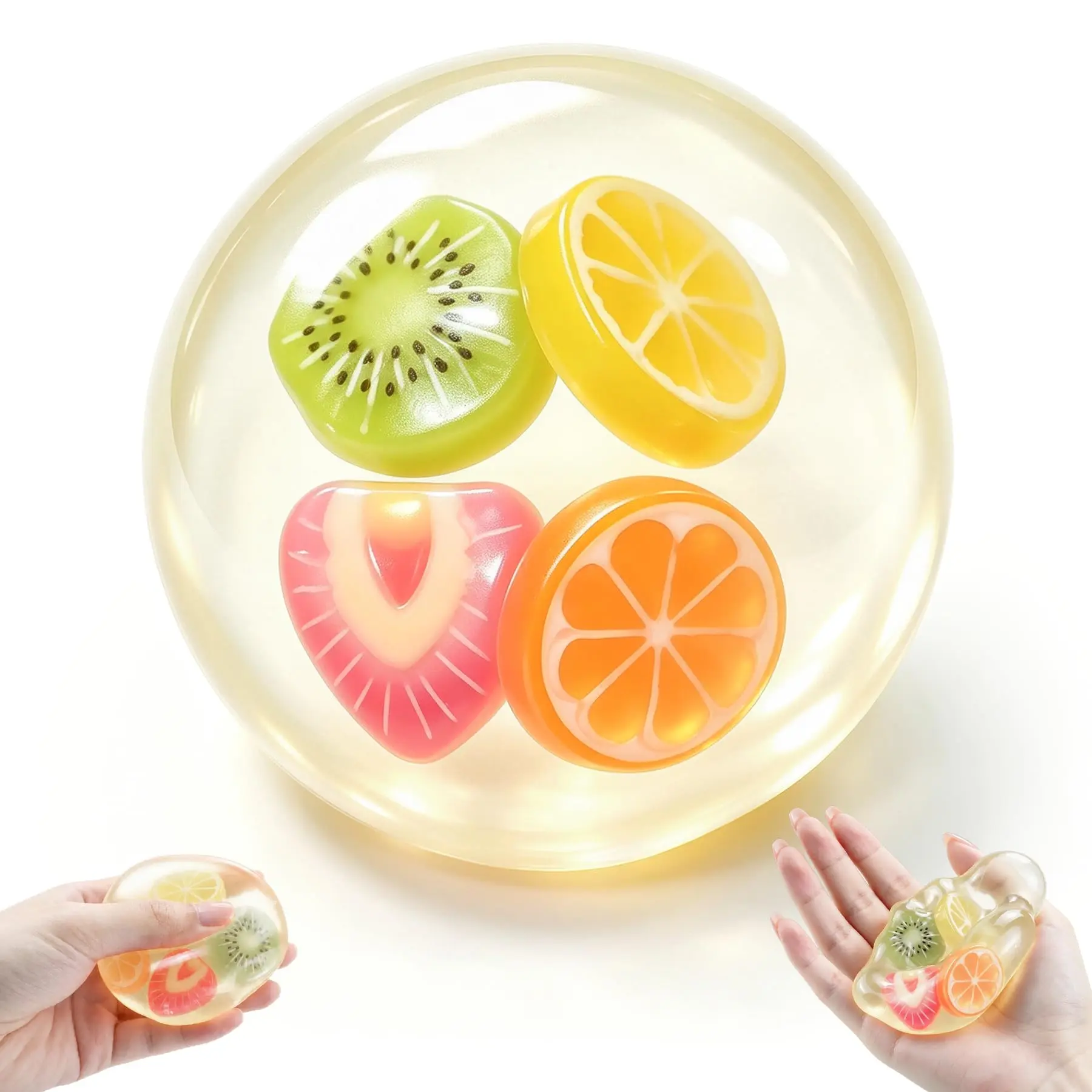 TPR+Gel Transparent Coconut Oil Squishy Ball - Fruit Slice-Filled, 6cm Lightly Slow-Rising Soft Moldable Squishies Toy, Funky Slime & Squishy Toys for Anxiety Relief, Mini Gift Stocking Stuffers, Squishies Toys
