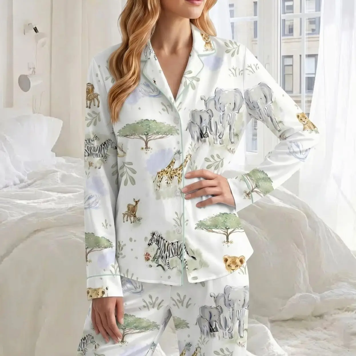 Women’s Safari Dreams Satin Pajama Set, Elephant Giraffe Zebra Sleepwear, African Wildlife Long Sleeve Pajamas, Safari Animal Gift for Her