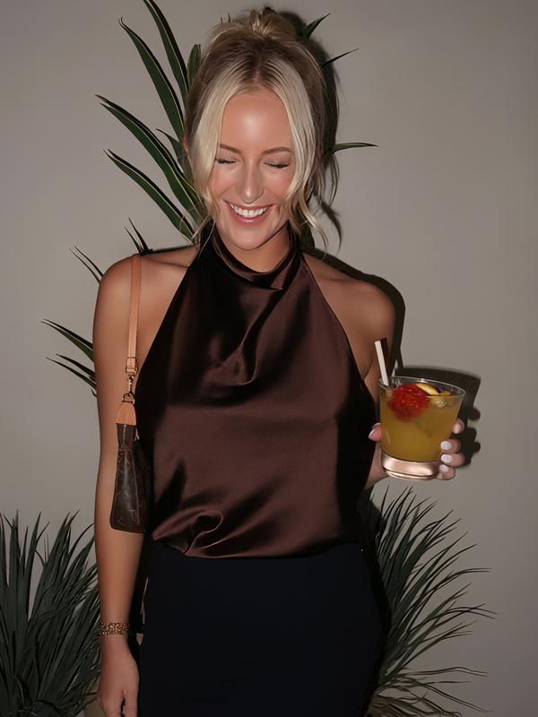 Sexy Satin Halter Top Women Corset Tanks & Camis Backless Crop Top Woman y2k Sleeveless Tank Tops Ladies Fashion Black White Orange Pink Yellow Brown Top Casual Vacation Top