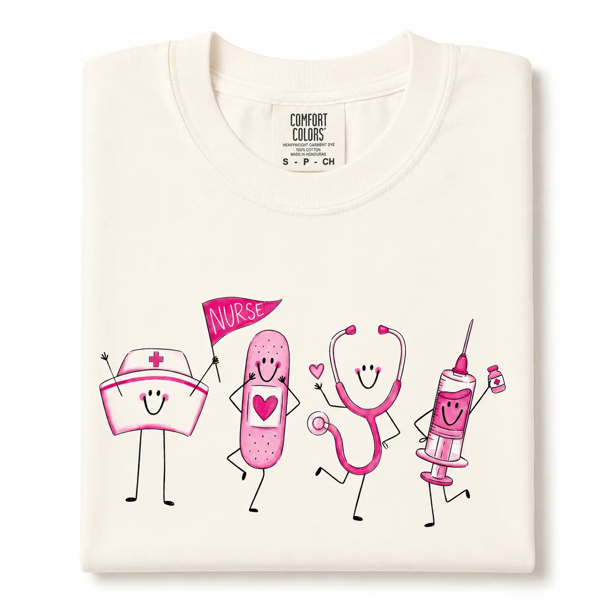 Cute Happy Medical Doodle Nurse Shirt, Comfort Colors Nursing Graphic Tee, Scrub Hat Stethoscope Syringe T-Shirt, RN Appreciation Gift