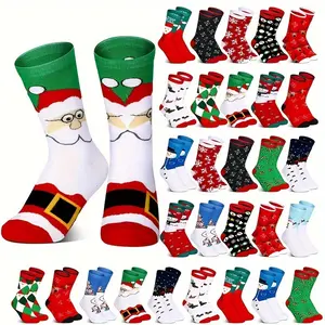 30 Pairs Christmas Socks Autumn Winter Pure Cotton Mid-Calf Socks All Cotton Christmas Holiday Unisex Couples Cute Cartoon Reindeer Gifts Machine Washable Womenswear