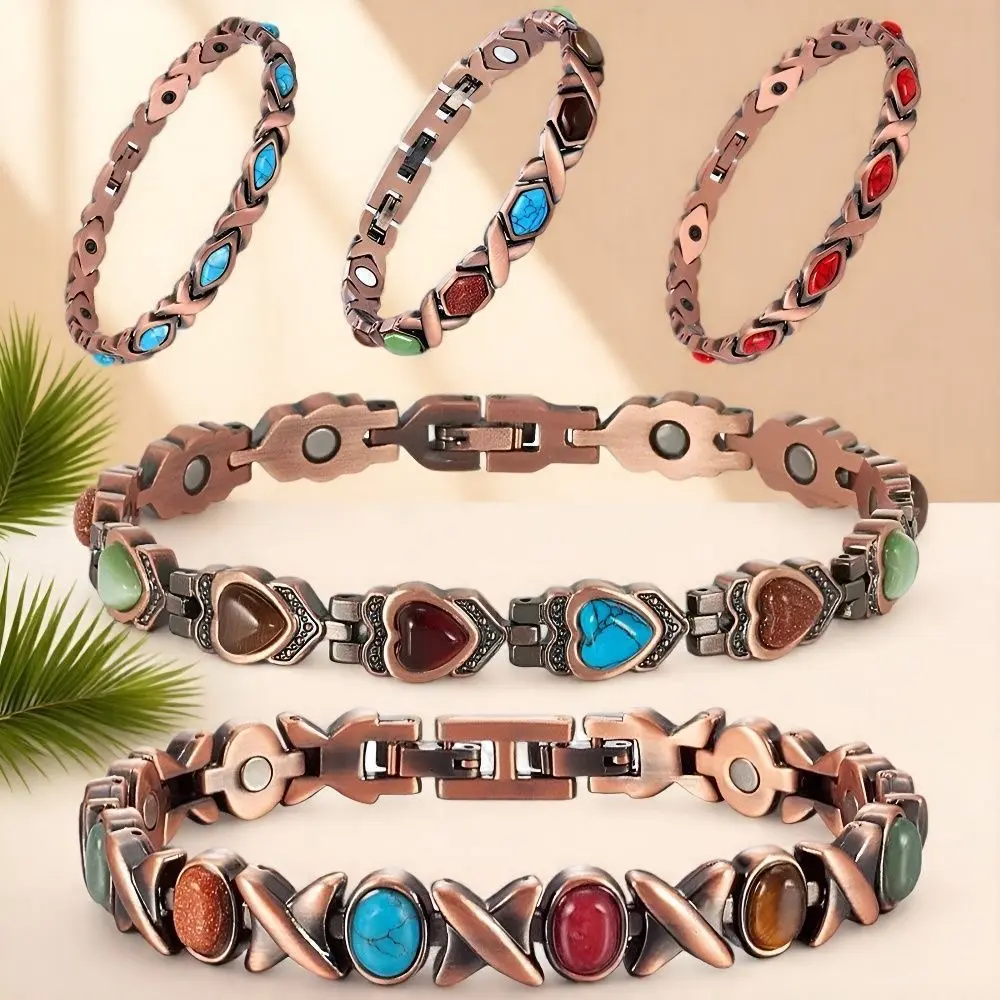 Women's Pure Copper Base Energy Magnetic Bracelet with Unique Natural Gemstone Array - Arthritis & Joint Pain Relief Bracelet, Sports Wristband Gift Idea