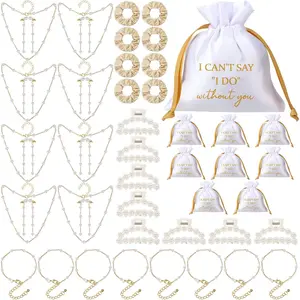 48 Pcs Bridesmaid Proposal Gift Jewelry Pouch Including Bridesmaid Bridal Scrunchies Pearl Hair Claw Clips Pearl Necklace Bracelet Earrings Suitable for Wedding