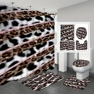 Leopard Print Bath Curtain Set, Waterproof Anti-Mold, Modern Style Bathroom Four-Piece Kit, Wall Mounted Straight Shower Rod