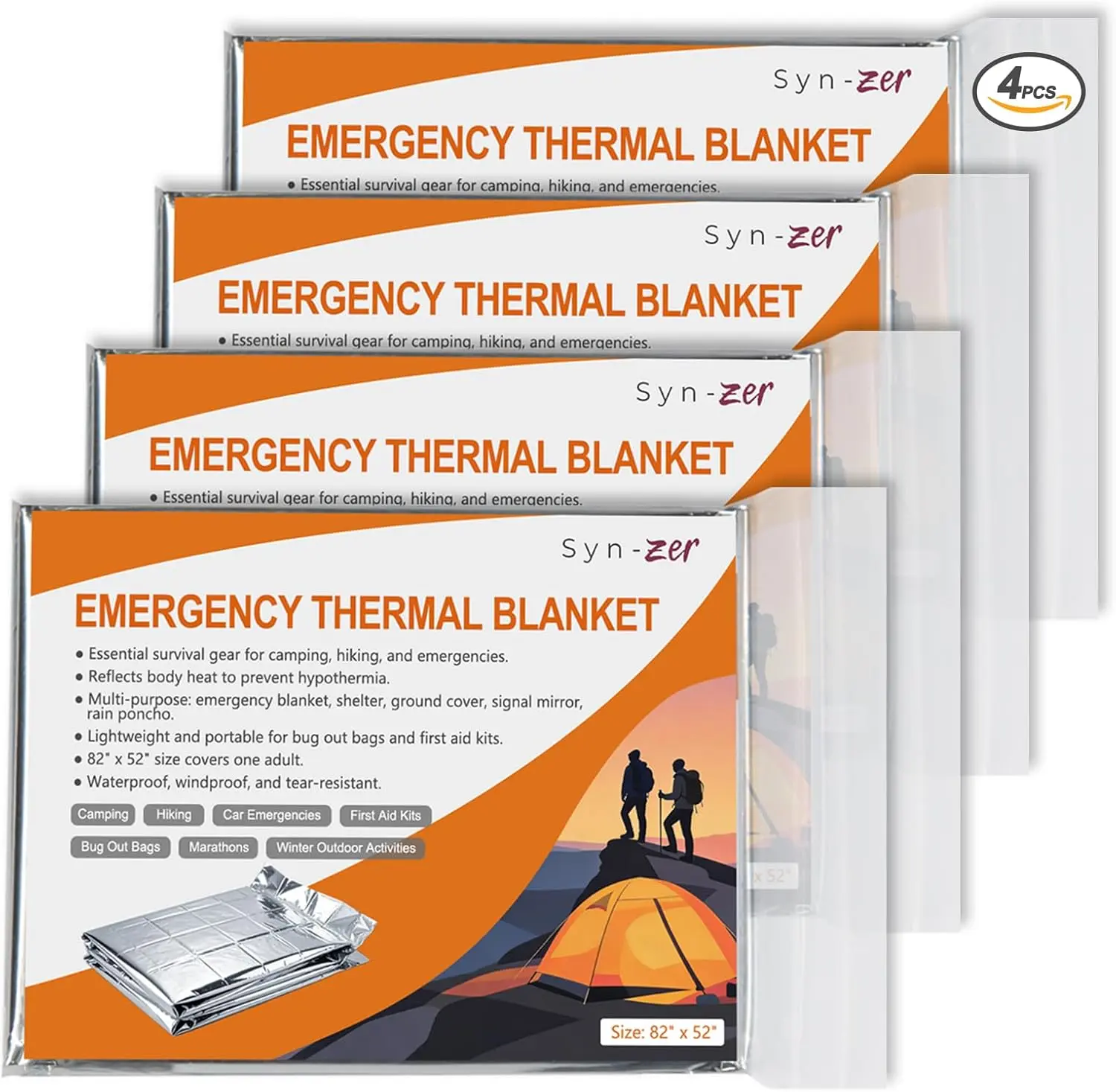 Syn-zer 4-Pack Thermal Mylar Emergency Blankets 82"x52" | Camping, Hiking, First Aid, Car Emergency, Bug Out Bag, Winter