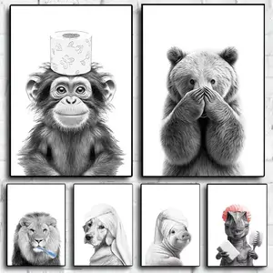 Retro Black-and-White Playful Bathroom Animal Poster Cat, Dog,Elephant, Monkey Canvas Print Bathroom Wall Art Furniture, Toilet, Bathroom Decor