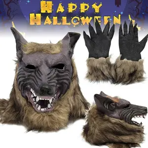 Halloween Horror Plush Wolf Gloves Mask Masquerade Halloween Party Costume Props Mask for Themed Party Supplies Adult Werewolf Costume Party Mask HalloweenSimulation Animal Headwear Costume Wolf FaceMasks Cosplay Masquerade Mask