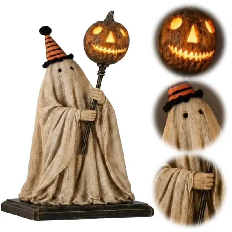 1 piece of retro ghost statue with lights (remote-controlled luminous model), comes with a glowing pumpkin staff, a cute Halloween decoration gift, durable, suitable for fireplace mantels, entrances, and tabletops.Atmospheric ghost pumpkin staff ornament