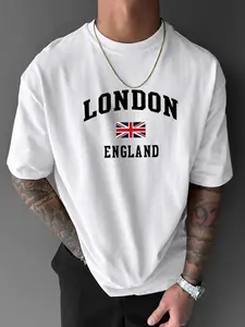 Men's London England Flag Print Round Neck Tee, Regular Fit Casual Short Sleeve Crew Neck T-Shirt for Summer, Fashion Men's Top for Daily Wear