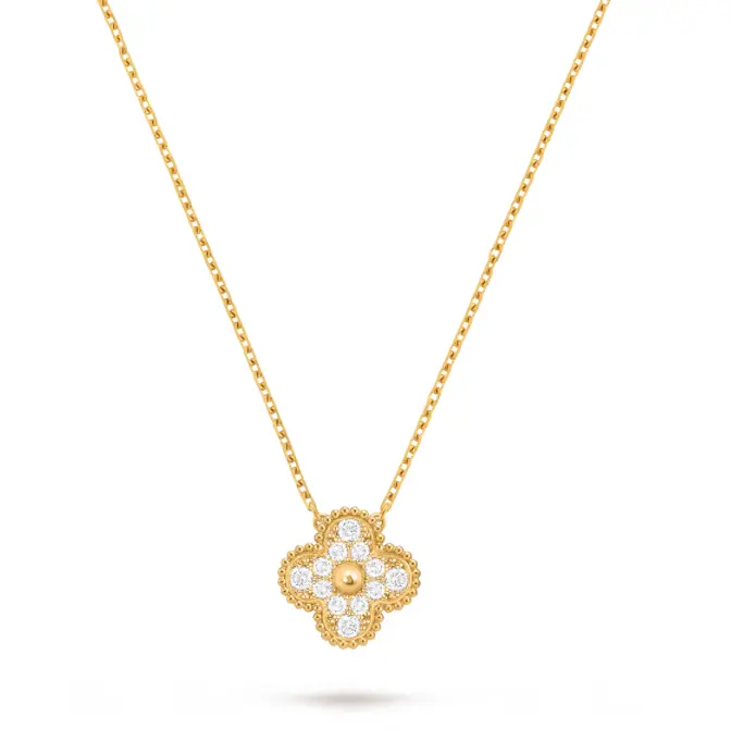 Pre-owned Van Cleef & Arpels Vintage Alhambra pendant necklace，yellow gold，dias paved，full set