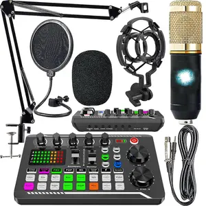 Podcast Microphone Bundle, Condenser Mic with Live Sound Card Kit, Podcast Equipment Bundle with Voice Changer and Mixer Functions for PC Studio Recording