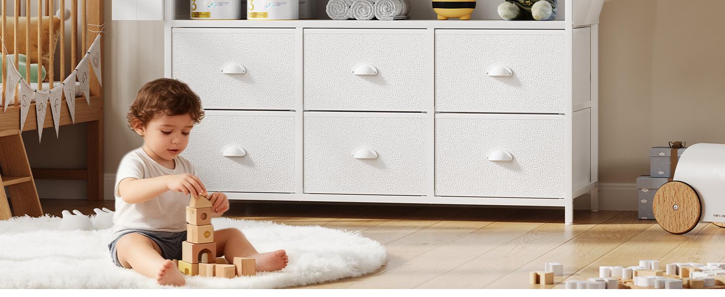 White Sturdy Wood & Engineered Wood Nursery Furniture Infant Changing Table Dresser - 6 Fabric Drawers, Changing Table Top, Storage Shelf, Modern Nursery Diaper Station