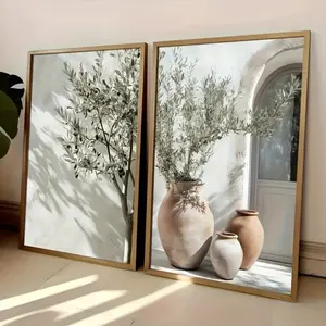 2pcs Mediterranean Olive Tree Canvas Art Prints with Wooden Frame, Modern Artistic Wall Decor for Living Room Bedroom Kitchen Home Decoration