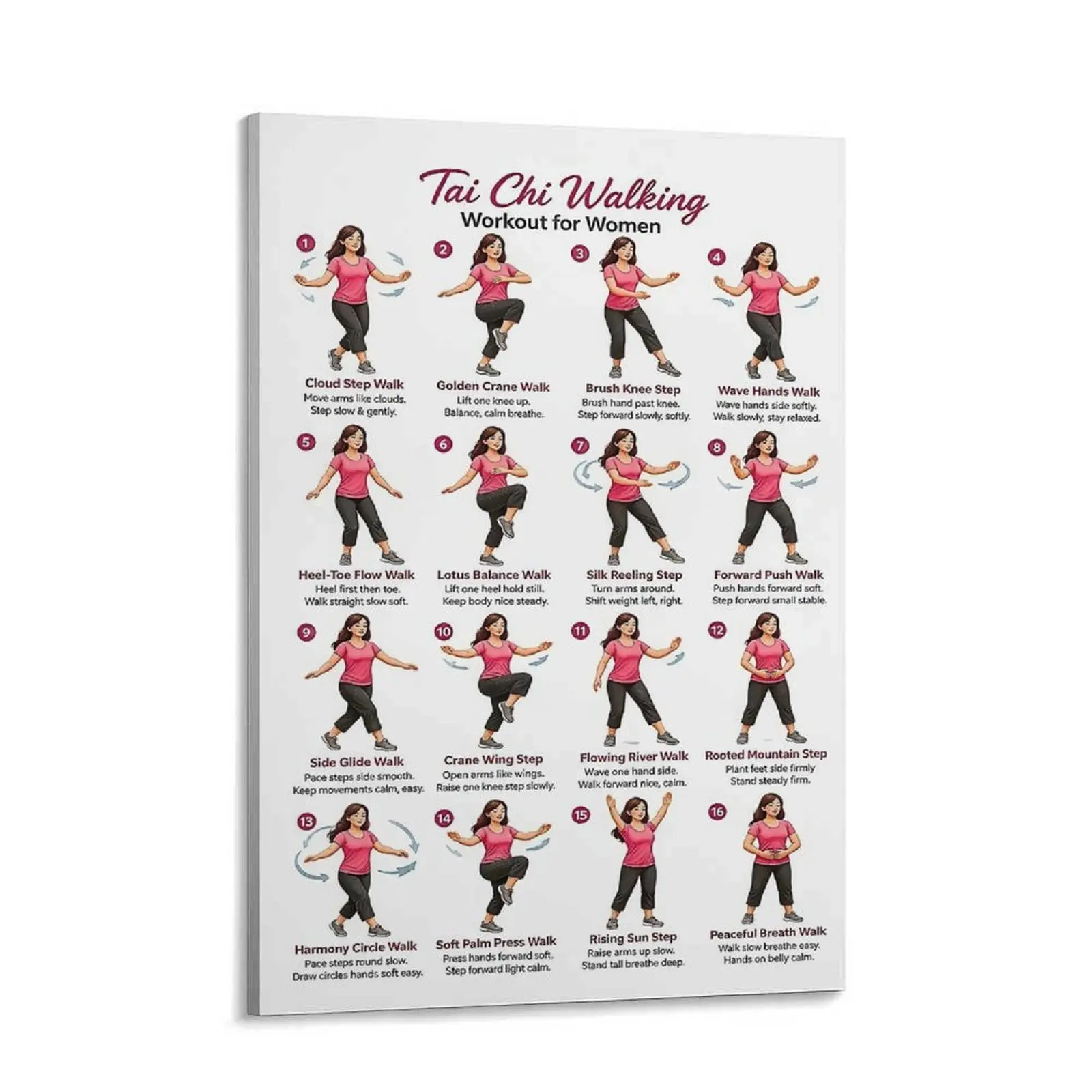 Tai Chi Walking Exercise Poster For Women, Mindfulness Qigong Workout Chart And Stretching Guide For Home Gym, Senior Fitness Wall Art
