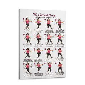 Tai Chi Walking Exercise Poster For Women, Mindfulness Qigong Workout Chart And Stretching Guide For Home Gym, Senior Fitness Wall Art