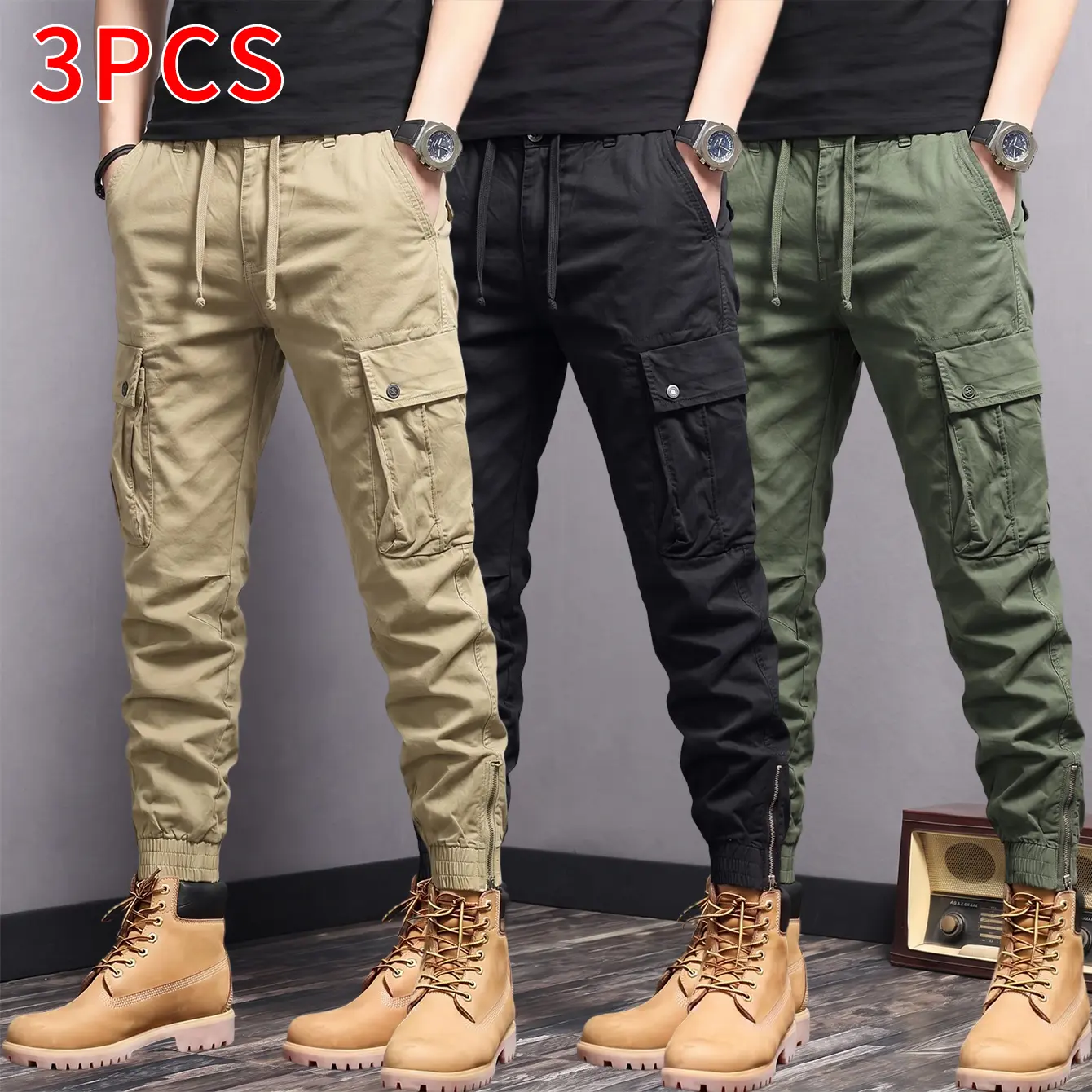 Men’s 3-Pack Cotton Cargo Jogger Pants (Cargo Trousers) - Plain Clothes, Drawstring Waist, Slim Fit, Multiple Large Pockets, Snap Closures, Zippered Cuffs, Casual Long Pants