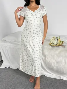 Women's Floral Print Lace Patchwork Nightdress, Elegant Fitted Sleepwear, Thin Fabric, All Seasons Comfortable Loungewear, Lace Trim Nightdress