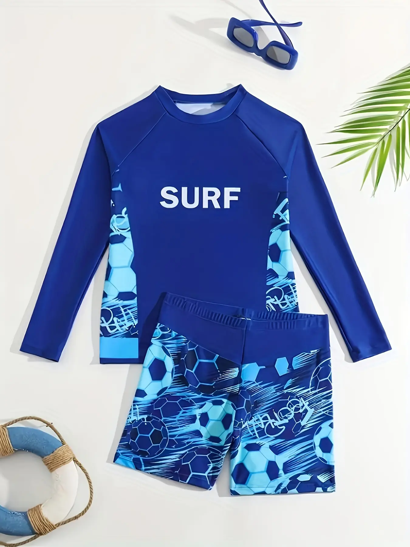 Football pattern printed boys' spring/summer beach casual long-sleeve swimwear set Swimsuit Set Football pattern printed boys' spring/summer beach casual long-sleeve swimwear set Swimsuit Set