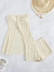 Women's Solid Ribbed Tankini Set, Tankini with Shorts, Casual Sleeveless Wide Strap Tank Top & Plain Shorts, Ladies Swimsuit for Beach Holiday Vacation