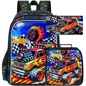 3PCS Truck Kids Backpack for Boys, Water Resistant Elementary Bookbag Set with Lunch Box, Cool School Bag for Preschool Toddler - Red Truck