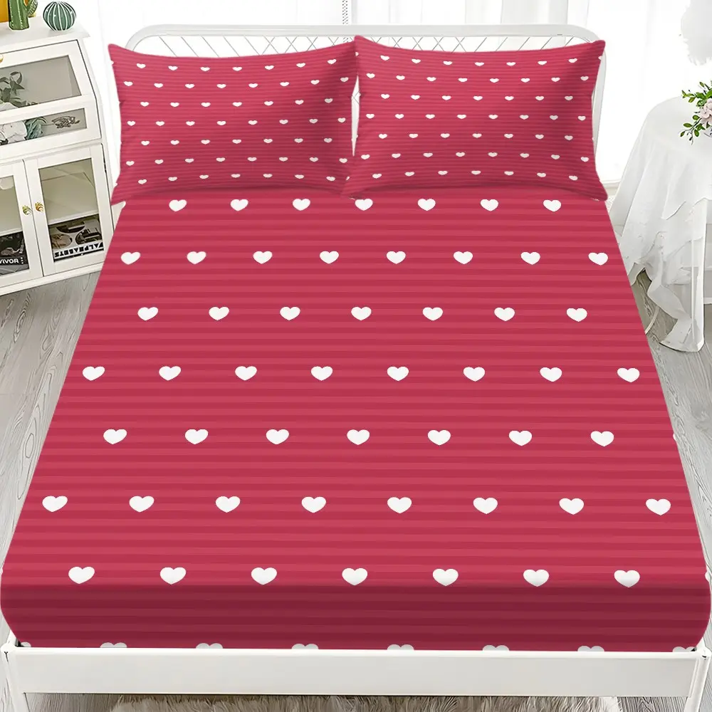 3pcs Bedding Set (1 Fitted Sheet + 2 Pillowcases), Striped Heart Print, Breathable Polyester Fiber, All-Season Use