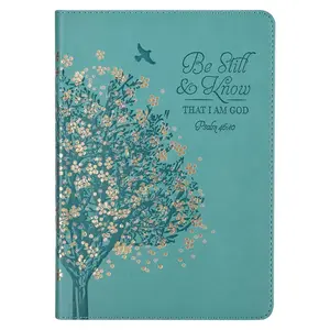 Classic Journal Be Still And Know - Floral Inspirational Scripture Notebook, Ribbon Marker, Teal/Gold Faux Leather Flexcover, 336 Ruled Pages