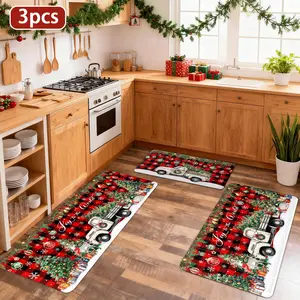 3-piece set Christmas kitchen mat, Christmas gnome rug, truck rug, winter snowflake, Christmas party decoration supplies, festive atmosphere carpet, flannel material kitchen anti-fatigue cushion rug, corridor runner rug, suitable for bedroom, living