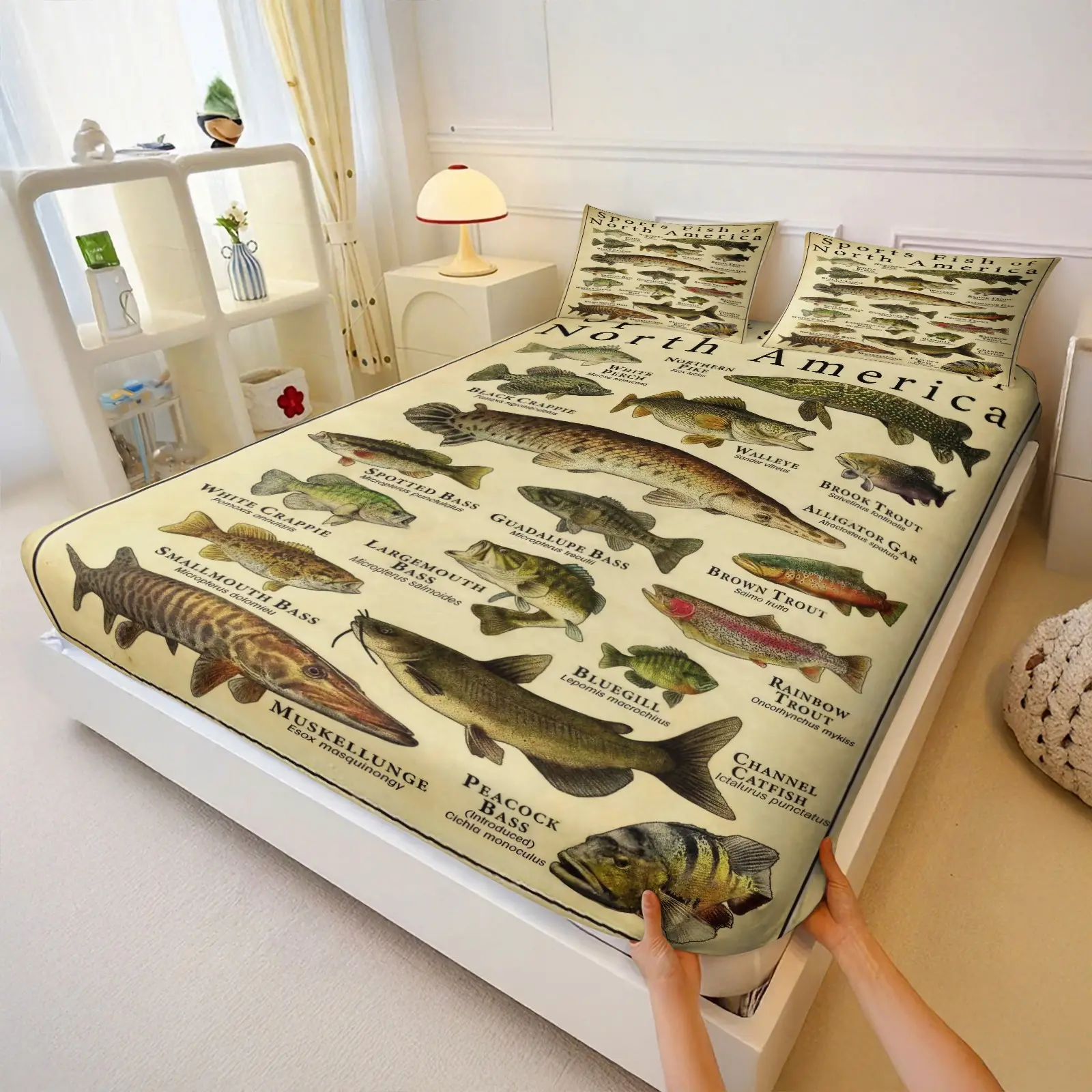 North American Freshwater Fish Printed Bedding Set, Fishing Enthusiast Non-Slip Full Wrap Deep Pocket Sheet, Vintage Fish Print Sheets, Bed Linens, Decorative Bedsheet Sets
