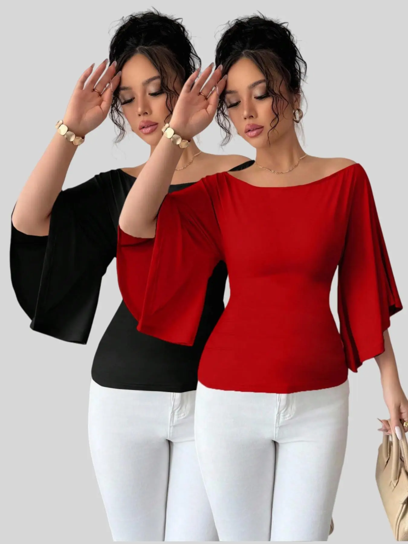 Fashionable European Style One Shoulder Batwing Sleeve Top Set, Slim Fit Pure Color Women's Spring Summer, Two Piece Set