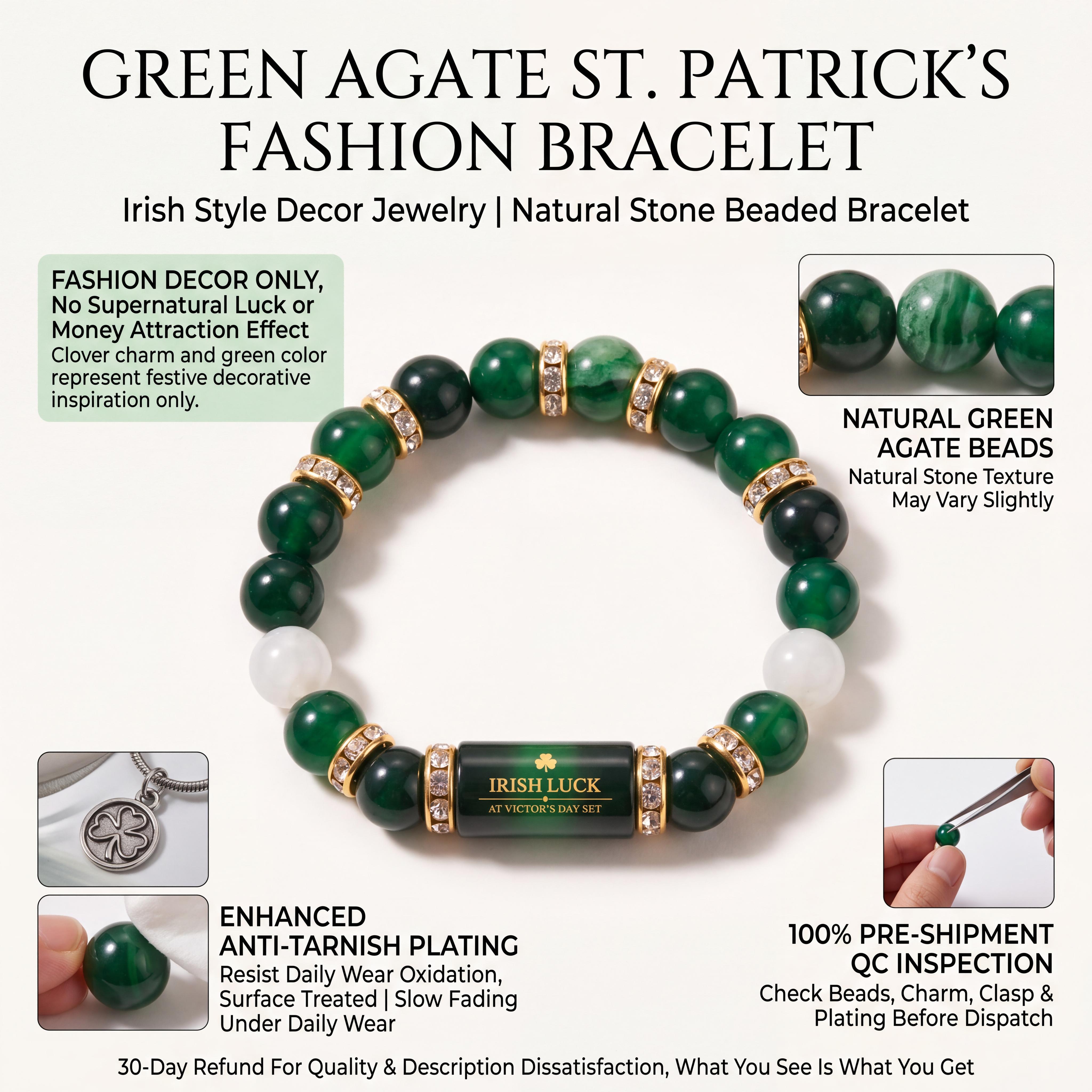 Irish Luck St. Patrick's Day Bracelet | Green Agate Lucky Clover Beaded Bracelet with Rhinestones | Luck Bracelet - Attract Wealth, Abundance and Perfect Good Luck Gift for 2026!
