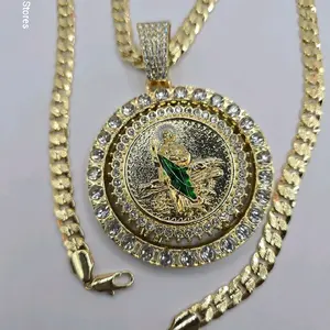 SAINT JUDE Fsshionable centenario rotable with clear stone's Cuban link chain 24"inches long GOLD-PLATED