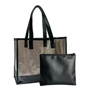 clear pvc tote bag with fabric bottom with Leather Pouch Clear Beach Tote Bag for Swimming Pool Gym Summer Vacation Essentials