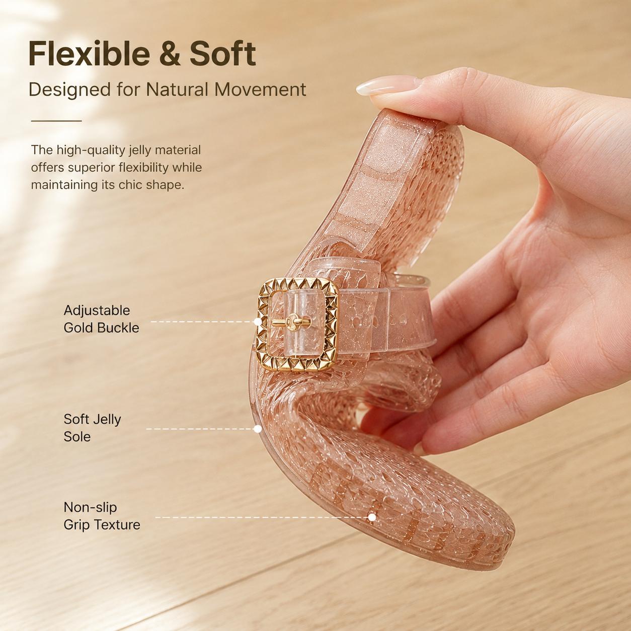 Yodutry | Women Hollow Out Glitter Jelly Slide Sandals, Adjustable Gold Buckle Waterproof PVC Mules, Breathable Mesh Non Slip Flat Jelly Slippers, Summer Beach Pool Casual Walking Slip On Sandals, 4 Colors Pink Grey Clear Gold